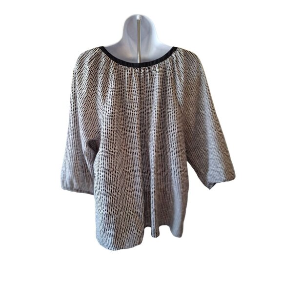 Ann Taylor Tunic Blouse L Black White Geometric V Neck 3/4 Sleeve Lagenlook - Picture 2 of 6